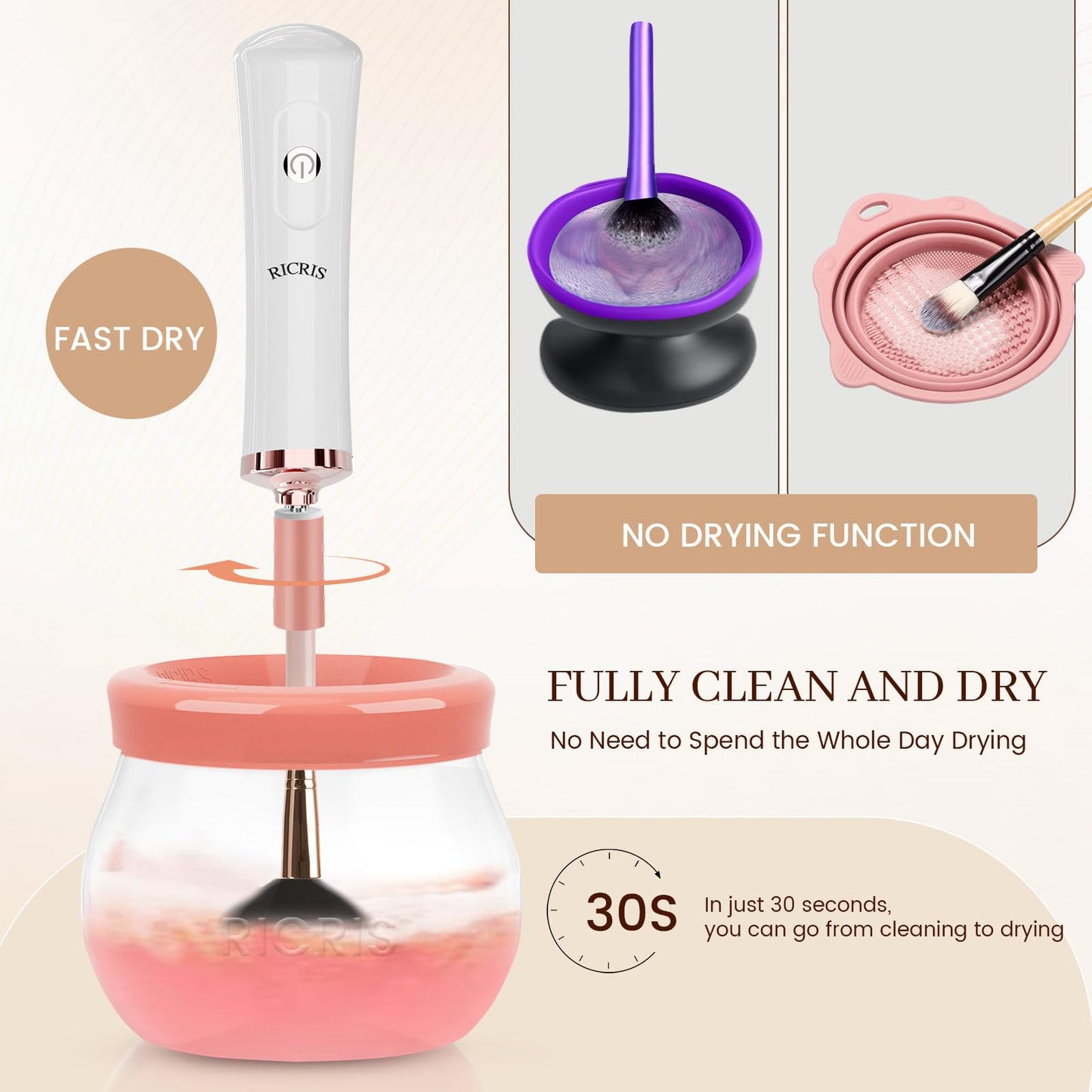 RICRIS Electric Makeup Brush Cleaner and Dryer Machine - Super Fast Clean and Dry Make Up Brushes - Automatic Cosmetic Brush Spinner Washer Tools