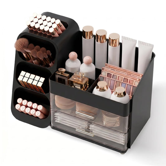 Booklov Makeup Organizer for Vanity, Large Capacity Cosmetic Display Case with Drawers, Countertop Beauty Storage Holder for Skincare, Brush Eyeliner Perfume Eyeshadow Lipsticks, Counter Desk, Black