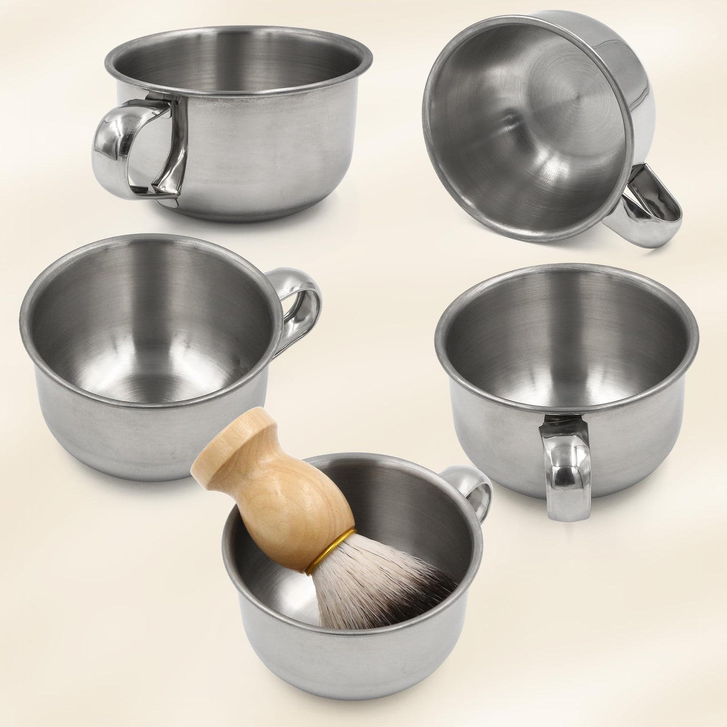5PCS Shaving Soap Bowl with Beard Brush, 3.4inch Stainless Steel Mug Dish