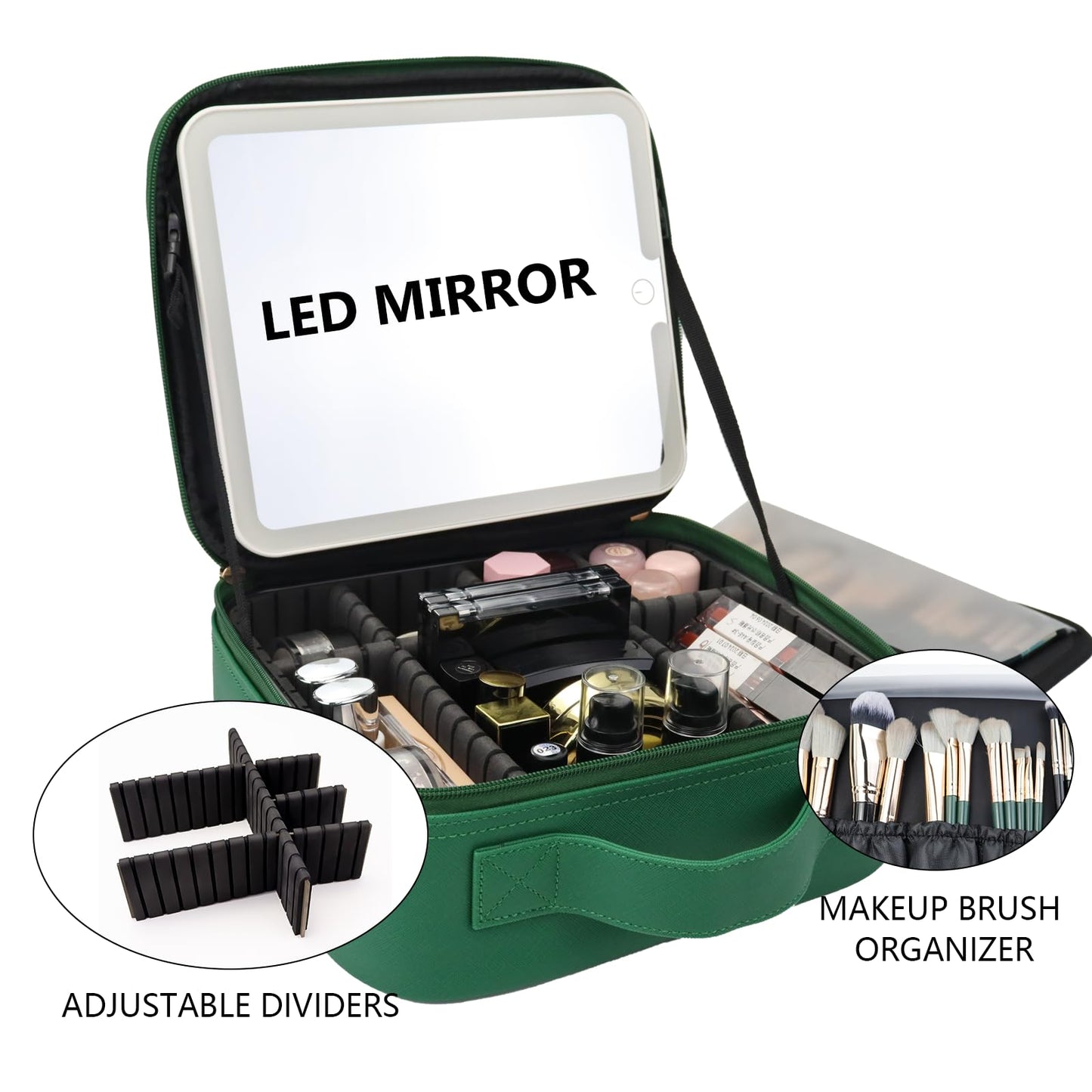 SLUMAZI Travel Makeup Bag with LED Mirror Travel Makeup Organizer with 3 Lighted Settings, Adjustable Dividers and Makeup Brush Storage Bag Dark Green
