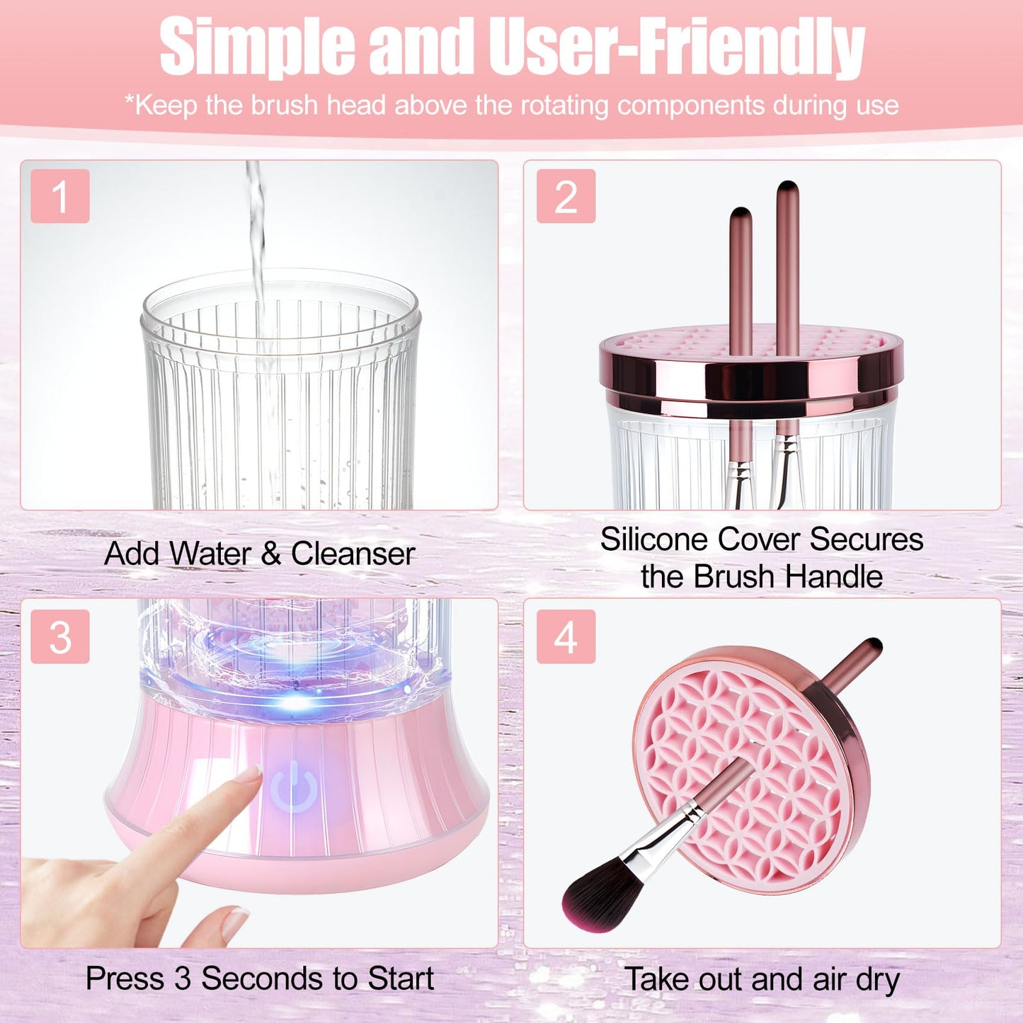 Electric Makeup Brush Cleaner Machine, USB Powered Automatic Spinning Makeup Brush Cleaner with 2 Cleaning Modes, Portable Brush Cleaner for Deep Cleaning Cosmetic Brushes, Pink