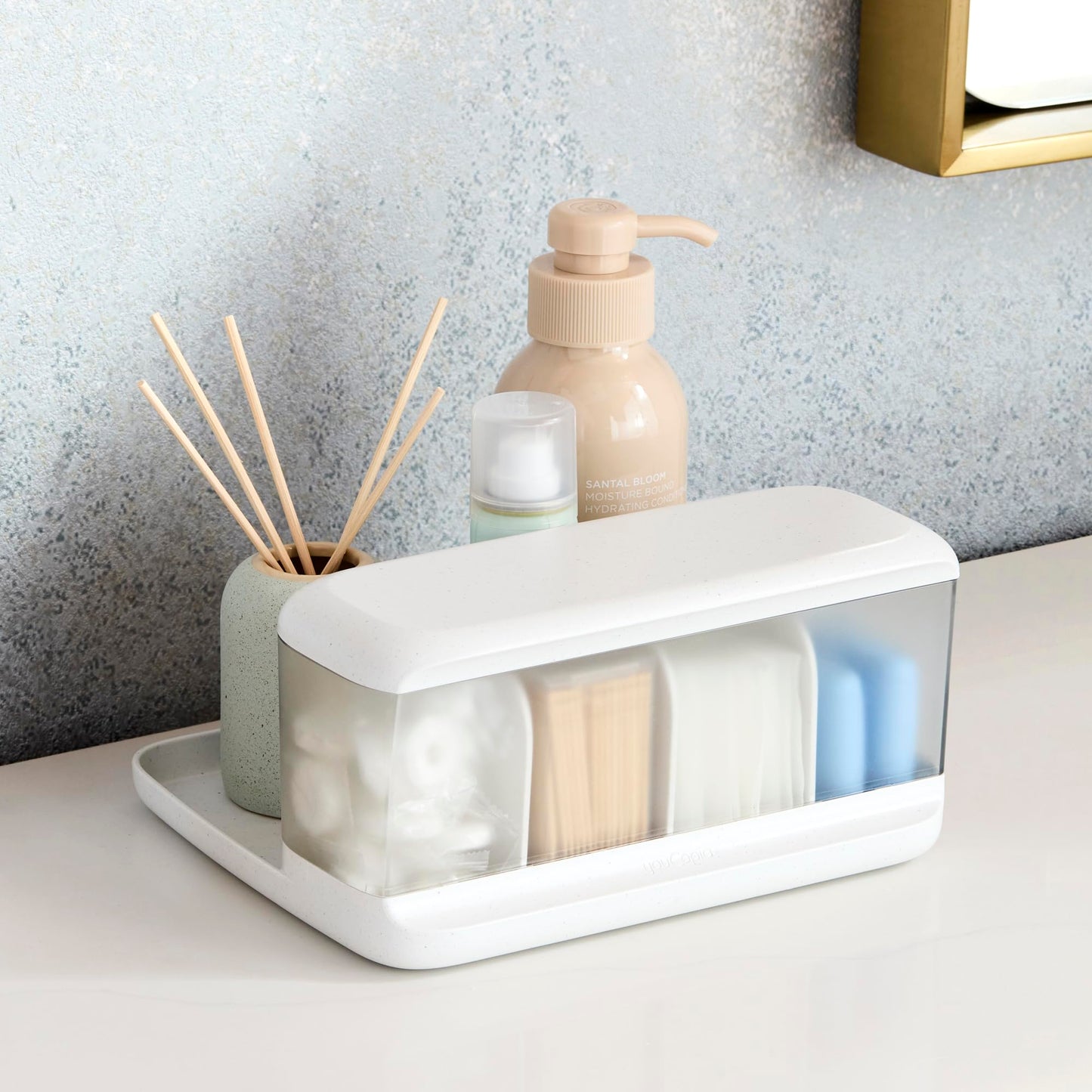 YouCopia HideAway Counter Caddy, Bathroom Vanity Countertop Organizer Tray with Adjustable Dividers and Lid