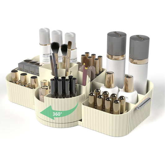 Aieyaki Rotating Makeup Organizer Cosmetic Display Case, Used for Vanity Makeup Brushes, Lipstick, Perfume and Various Skin Care Products - Spacious and Fashionable Storage Solution (Creamy White)