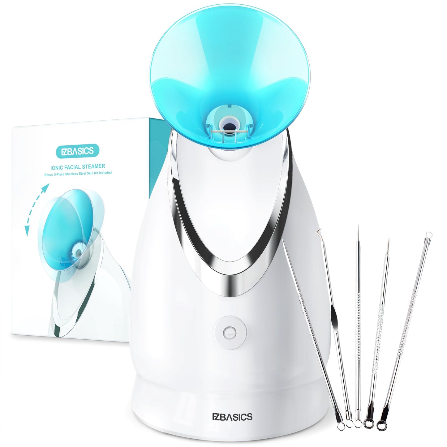 EZBASICS Facial Steamer - Professional Nano Ionic Face Steamer for Facial Deep Cleaning, Warm Mist Humidifier for Home Spa, Unclogs Pores Sinus, Bonus 5 Piece Stainless Steel Skin Kit (Blue)