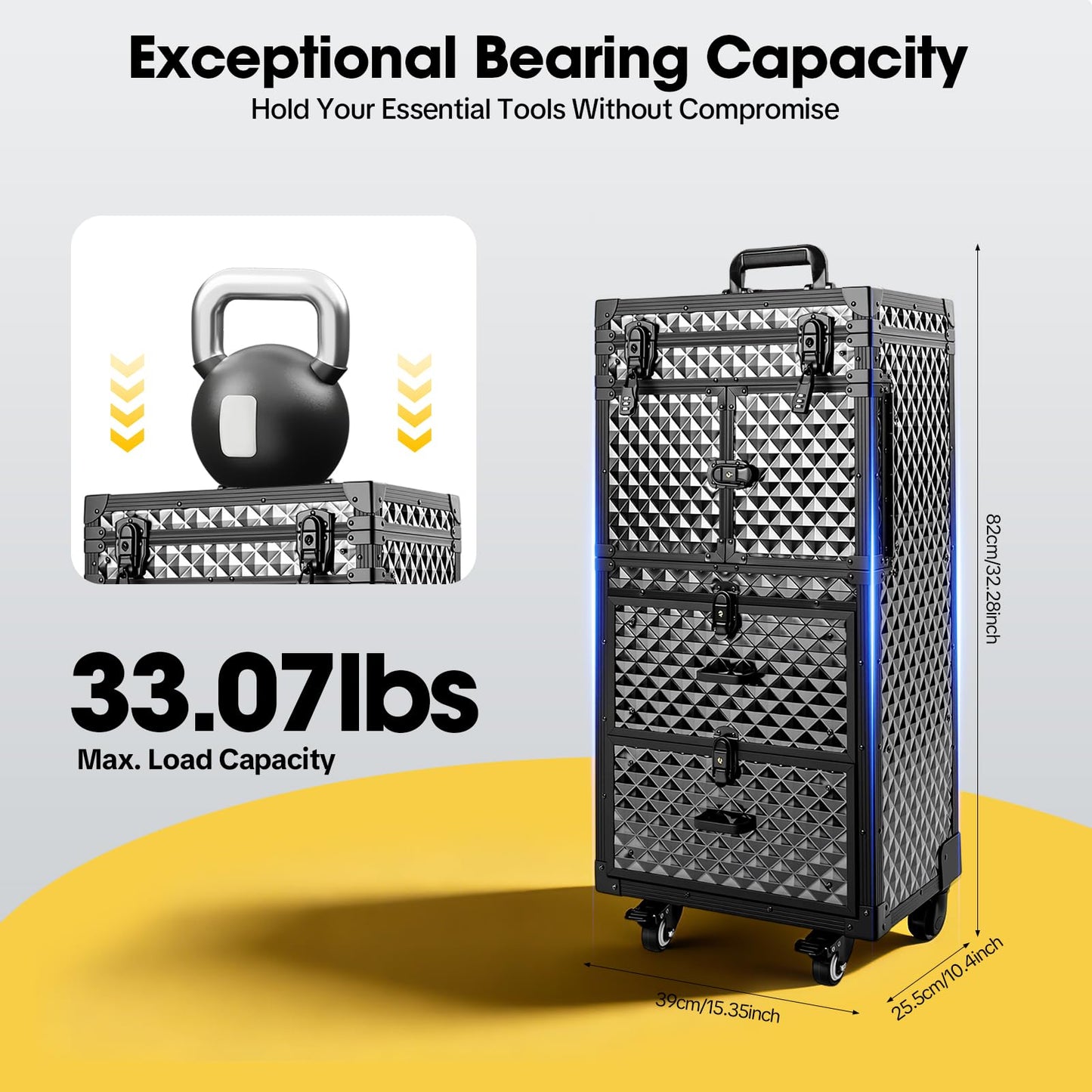 Beauty Rolling Makeup Train Case, Professional Lockable Rolling Salon Luggage, 15.35x10.4x32.28in Hairdressing Cart Storage Organizer Trolley Cosmetic Case, 4 Universal Wheels, Retractable Tray
