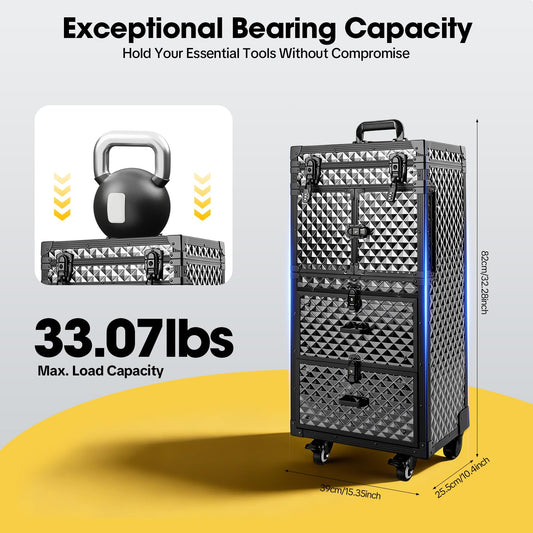 Beauty Rolling Makeup Train Case, Professional Lockable Rolling Salon Luggage, 15.35x10.4x32.28in Hairdressing Cart Storage Organizer Trolley Cosmetic Case, 4 Universal Wheels, Retractable Tray