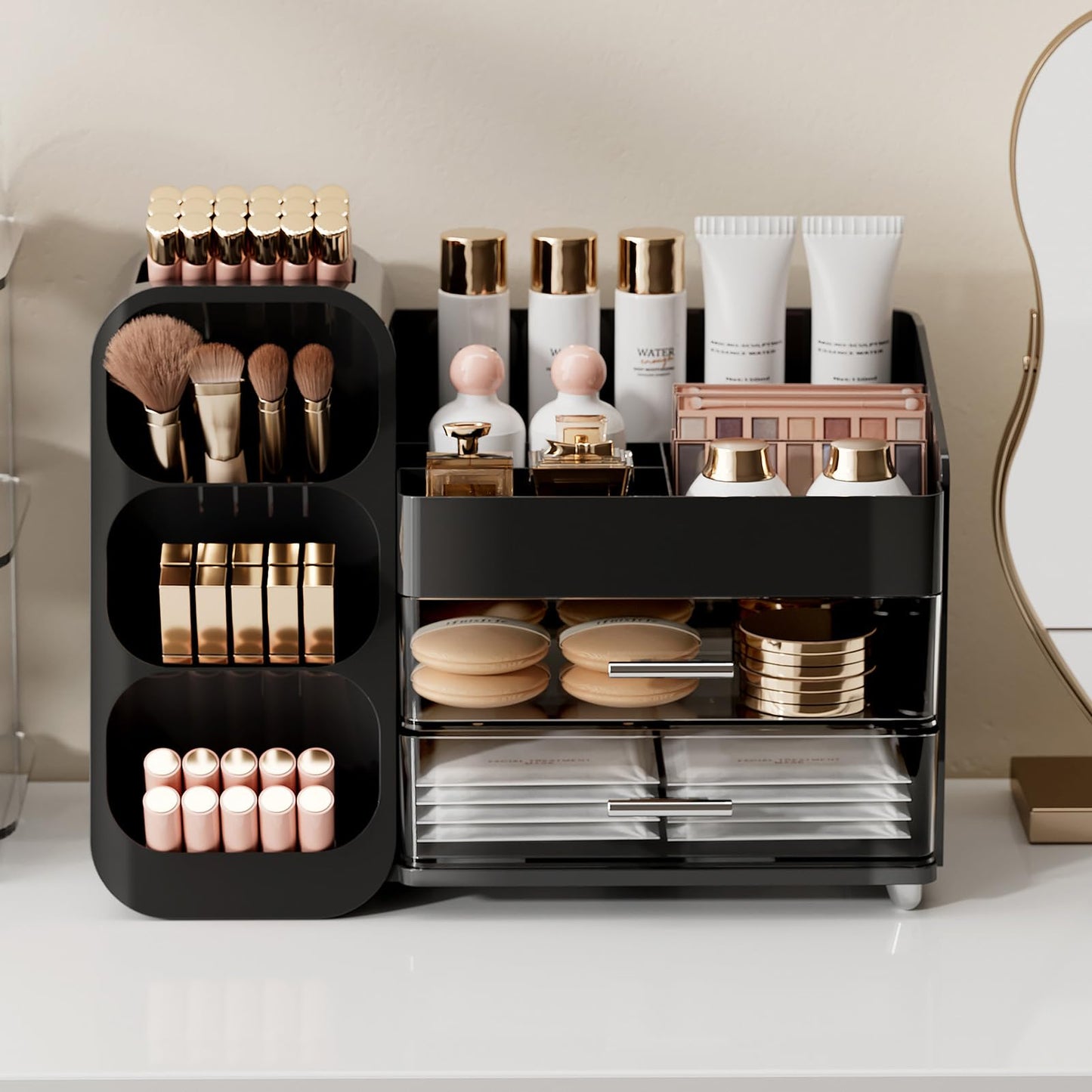 UFORU Makeup Organizer for Vanity with Brush Holder, Large Capacity Bathroom Countertop Skincare Organizer with 2 Drawers, Cosmetic Display Case for Perfumes, Eyeshadow Palettes, Nail Polishes