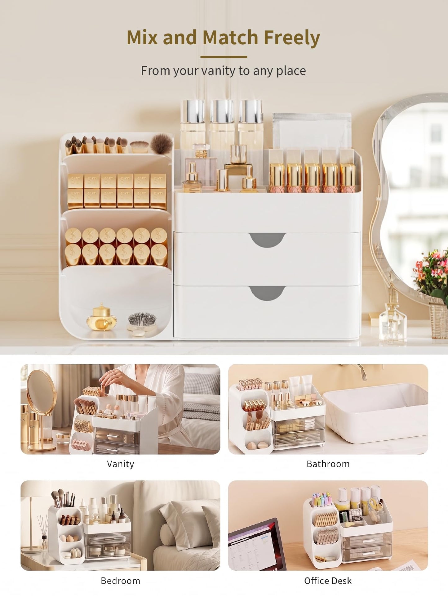 Booklov Makeup Organizer for Vanity, Countertop Cosmetic Display Case with Drawers, Bathroom Counter Beauty Caddy, Comfyroom Table Storage Holder for Skincare, Brush Eyeliner Eyeshadow Lipstick, White