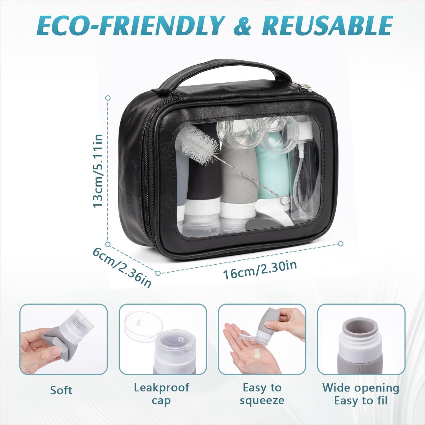 Jingmore 15 Pcs Travel Bottles Set for Toiletries PU Leather Toiletry Bag Travel Size Mini Makeup Containers Silicone Toiletry Bottles Pump Spray for Liquid Serum Cream Lotion Skincare Shampoo(Black)