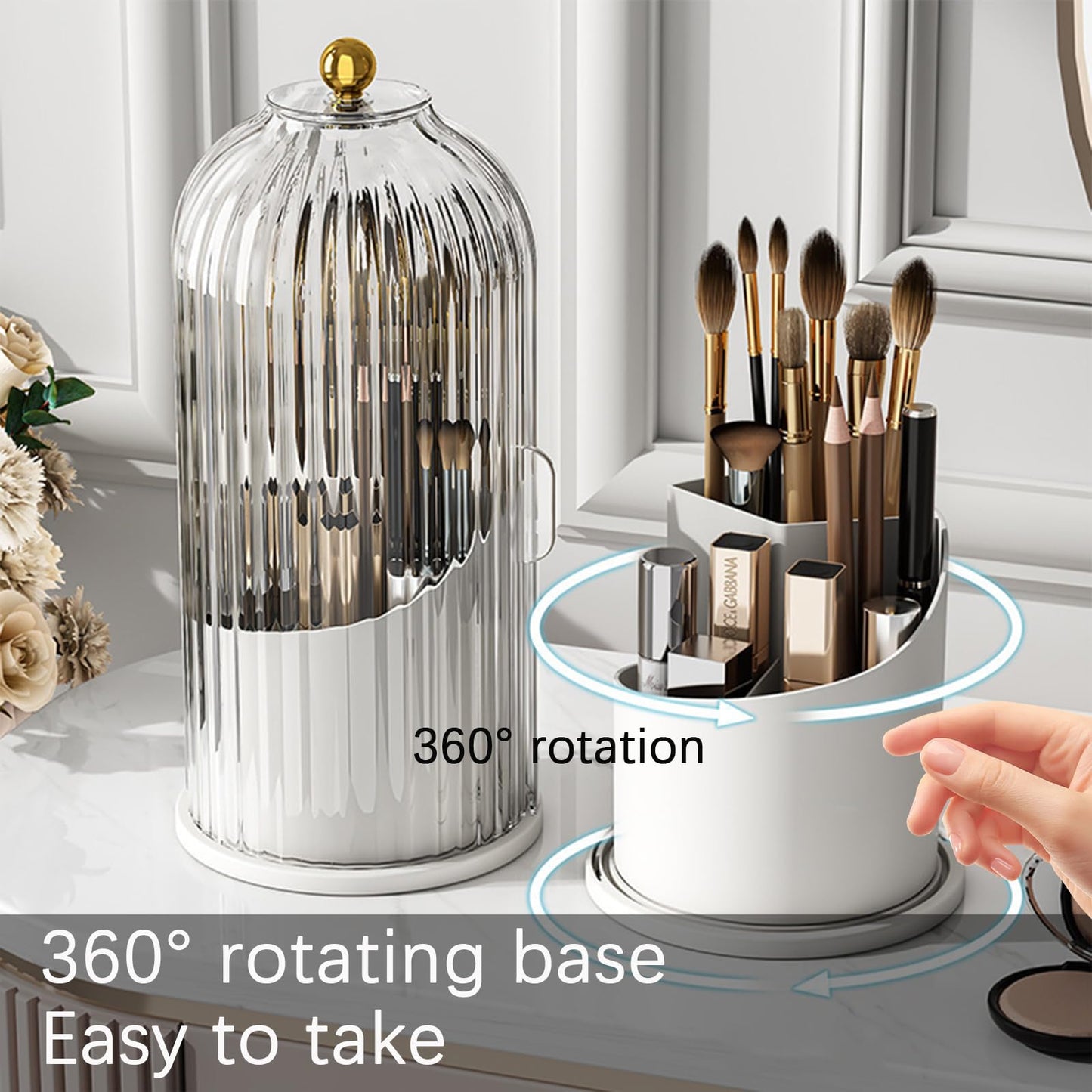 Wekity Toothbrush Holder with Sliding Lid, 360° Rotating Makeup Brush Storage Rack - Waterproof and Dustproof, Toothbrush Toothpaste Holder Beauty Brush Bathroom Counter Holder Sink Organizer (Grey)