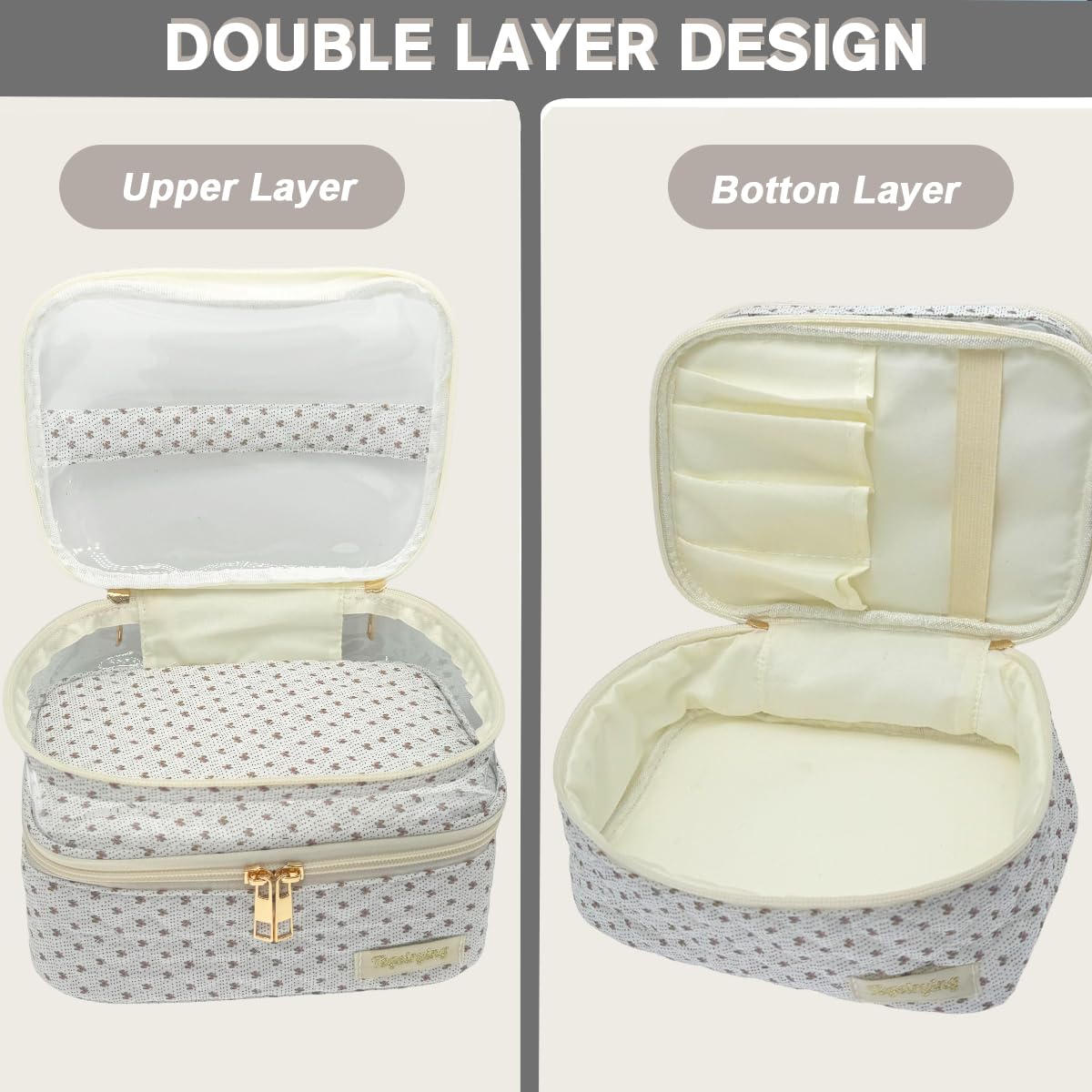 Tegelrying Travel Makeup Bag,Double Layer Large Cotton Quilted Makeup Pouch Soft Cosmetic Organizer with Handles,Cute Make up Case Toiletry Bags for Women,White Flroal