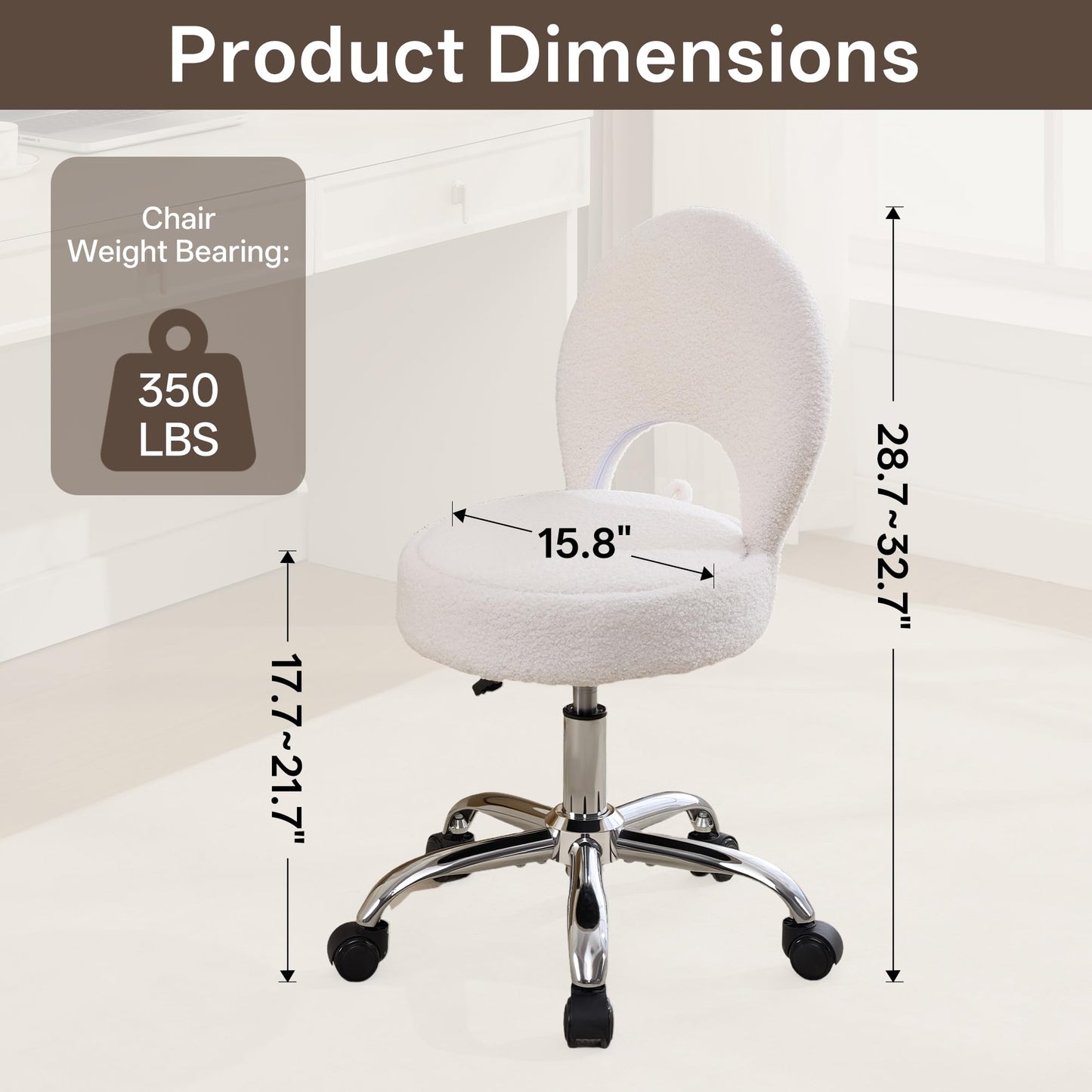 Forfutra Home Office Chair Foldable Vanity Chair Vanity Stool with Storage 15.8" Spacious Seat 360° Swivel Height Adjustable White