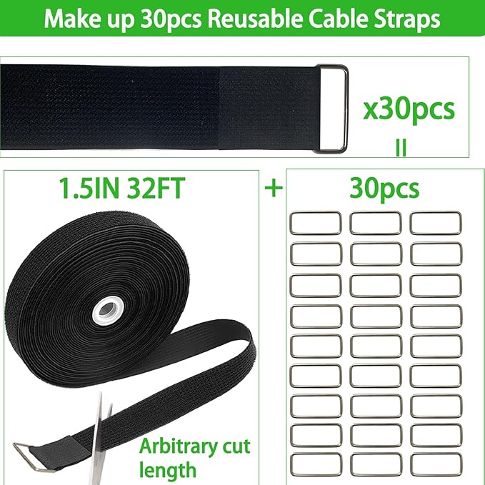 1.5inx32ft Hook and Loop Cable Straps with 30 Metal Buckles, Adjustable Fastening Straps, Reusable Free Cut Length Cord Straps, Wire Organizers for Cable Ties Roll