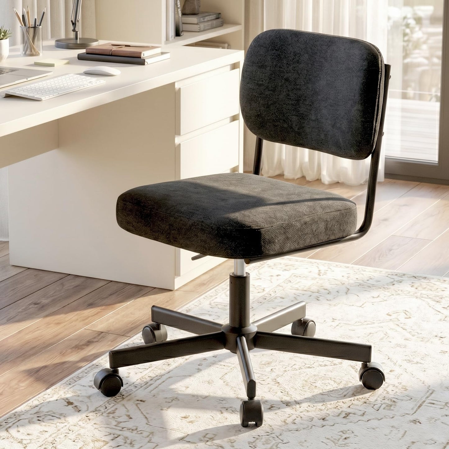 VATROS Vanity Chair with Wheels, Cute Armless Desk Chair with Back, Height Adjustable Swivel Small Office Chair, Comfy Fabric Computer Task Chair for Bedroom, Study, Dressing Room Black