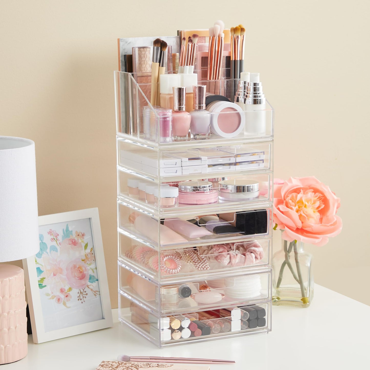STORi Stackable Desk Organizer, Clear Pen Pencil Makeup Brush Holder for Desktops and Vanities, 6 Compartment Caddy (Made in USA)