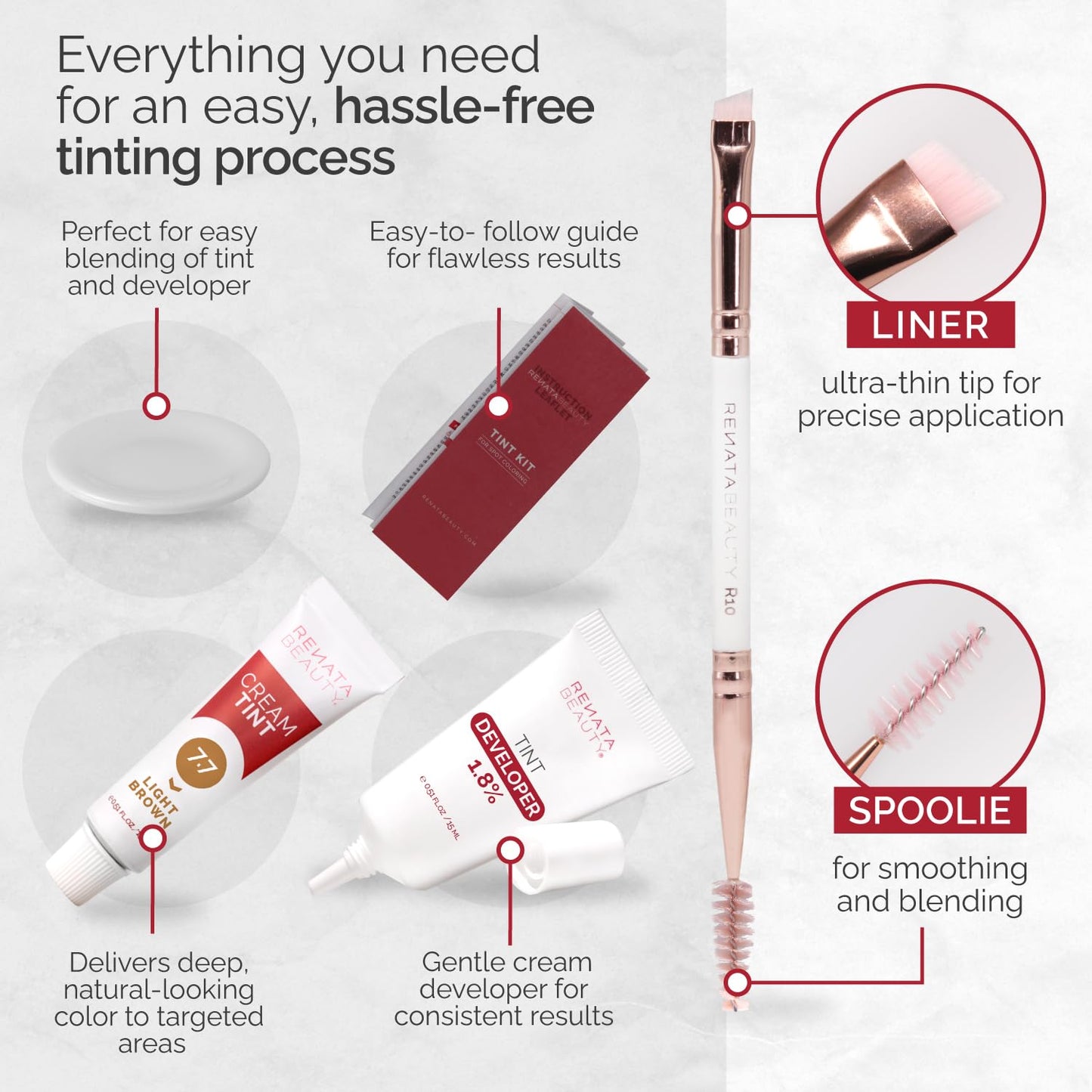 RB RENATA BEAUTY Tint Kit – Cream Hair Dye Kit with Developer and Application Brush for Spot Coloring - Covers Gray Hairs, Smudge-Proof, Long-Lasting Up to 4 Weeks, 20 Applications [Light Brown]