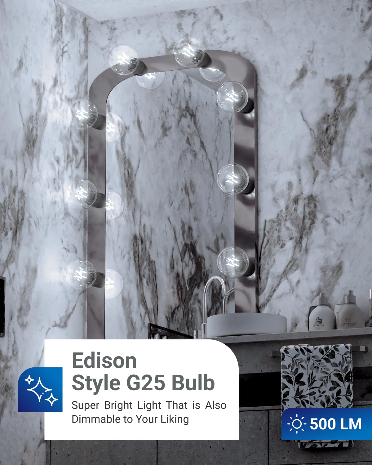 Sunco G25 Globe Light Bulbs LED Edison Vanity Light Bulbs, CRI90, 3000K Warm White, Dimmable, 5W=60W, Clear Vintage Filament Globe, 500 Lumens, E26 Base, Indoor Outdoor, UL