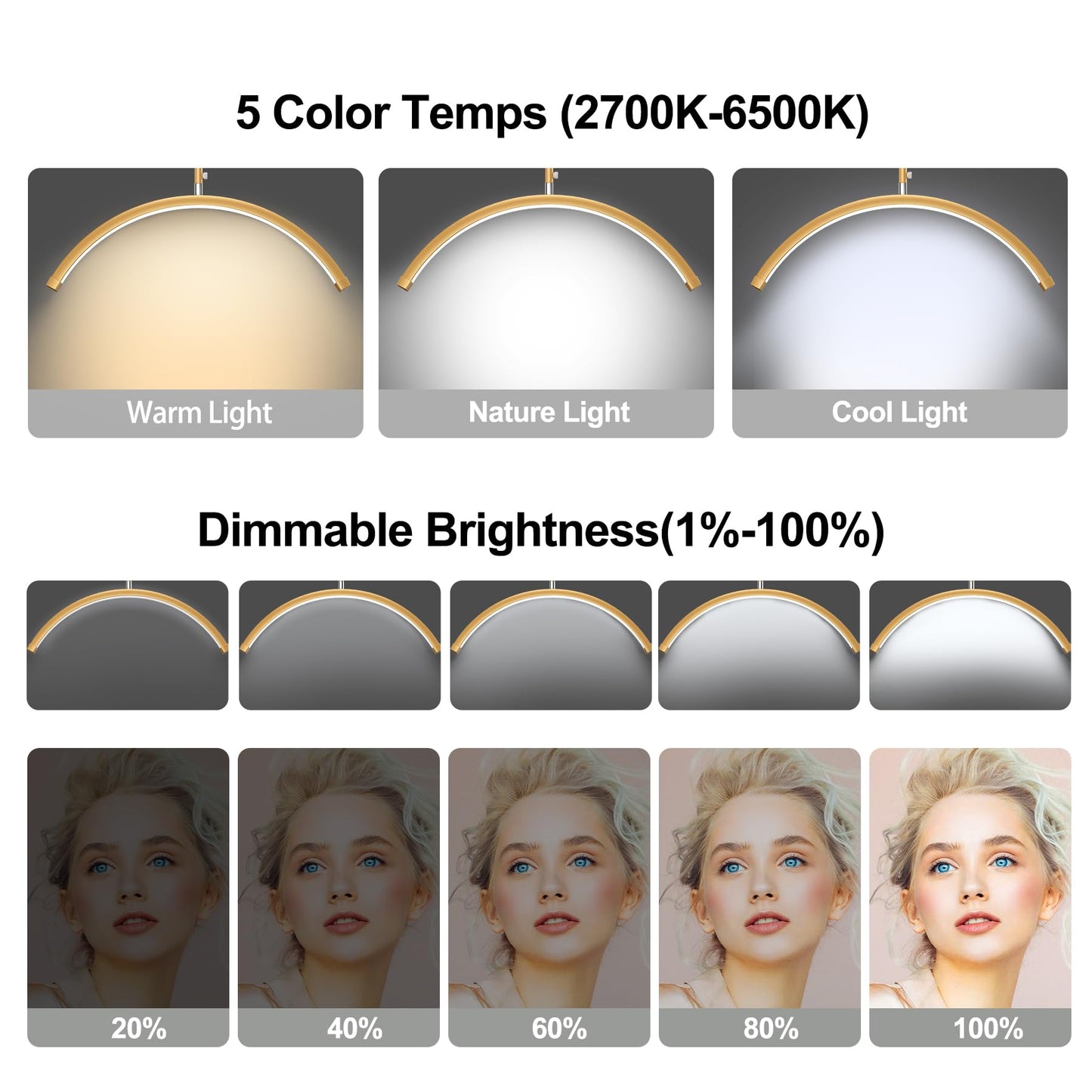 AURELLE Half Moon Lash Light - Adjustable LED Floor Lash Lamp with 4X Magnifier & Phone Holder for Eyelash Extensions,Nail Art,Tattoo,Skincare,Salon SPA-Dimmable Brightness,Rotating Head, Gold