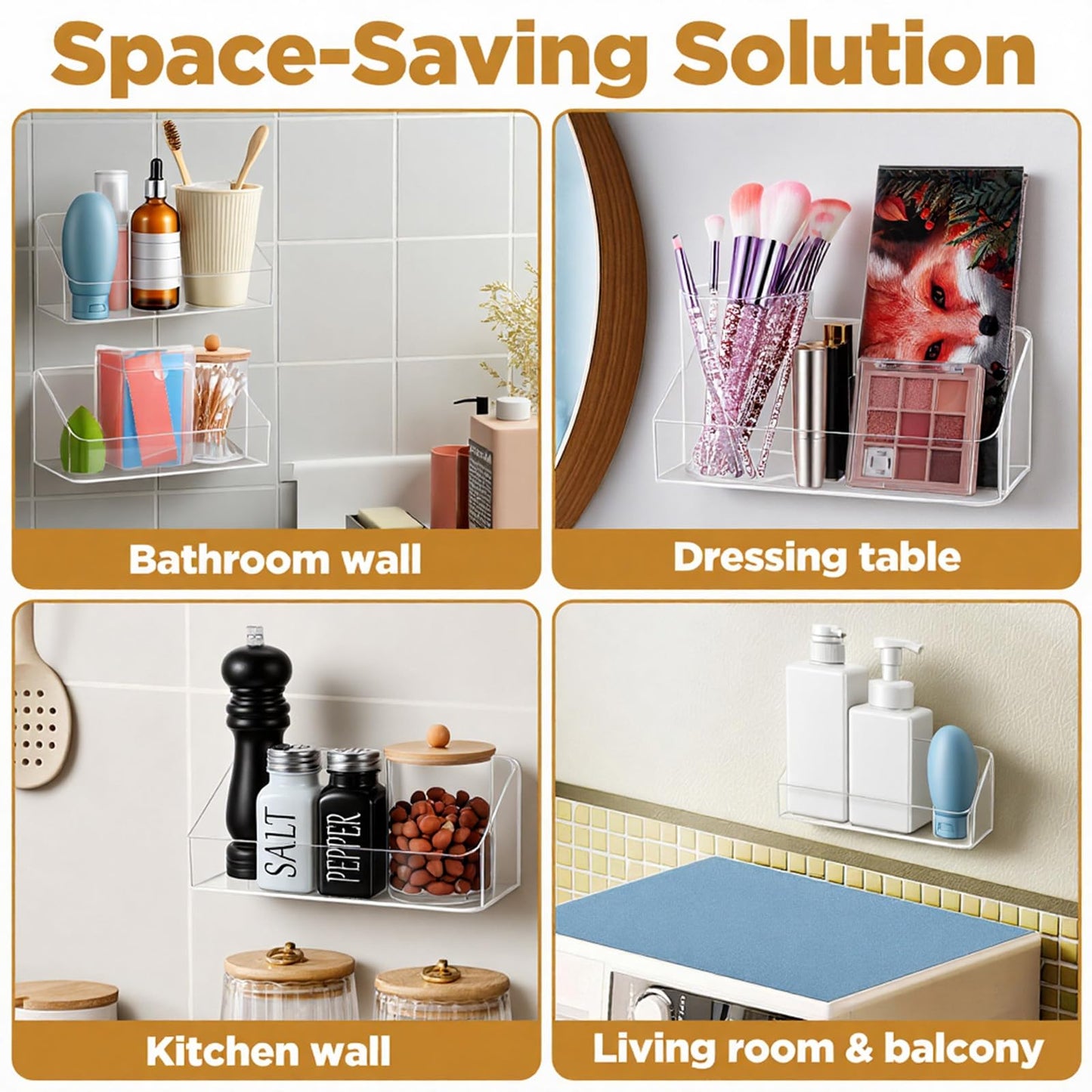 4 Pack Clear Wall Mounted Storage Organizer – No Drill Adhesive Shelves for Bathroom, Kitchen, Bedroom, Mirror Cabinets – Transparent PS Plastic Organizer Bins (7.9” x 3.4” x 3.3”)