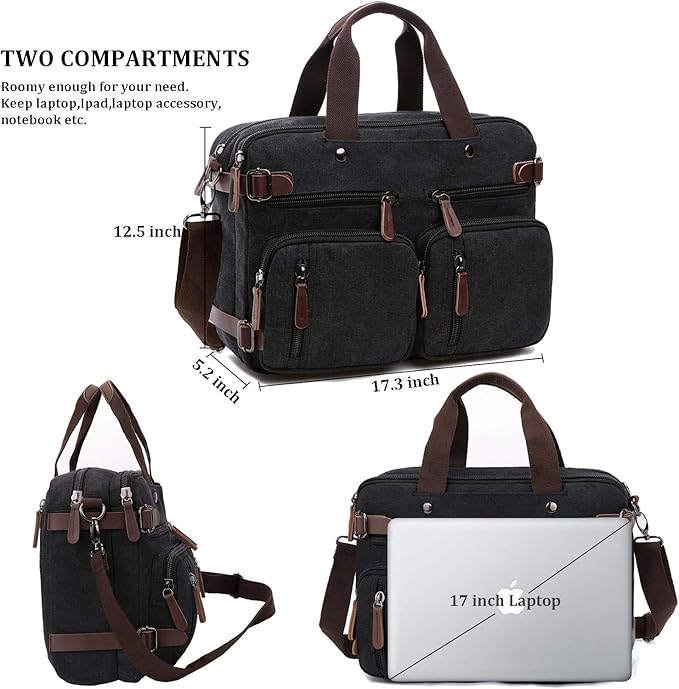 3 in 1 Convertible Laptop Backpack, 17.3 inch Messenger Bag for Men, Multi-Functional Travel Laptop Bag for College Men Women (17.3 Inch, Black)
