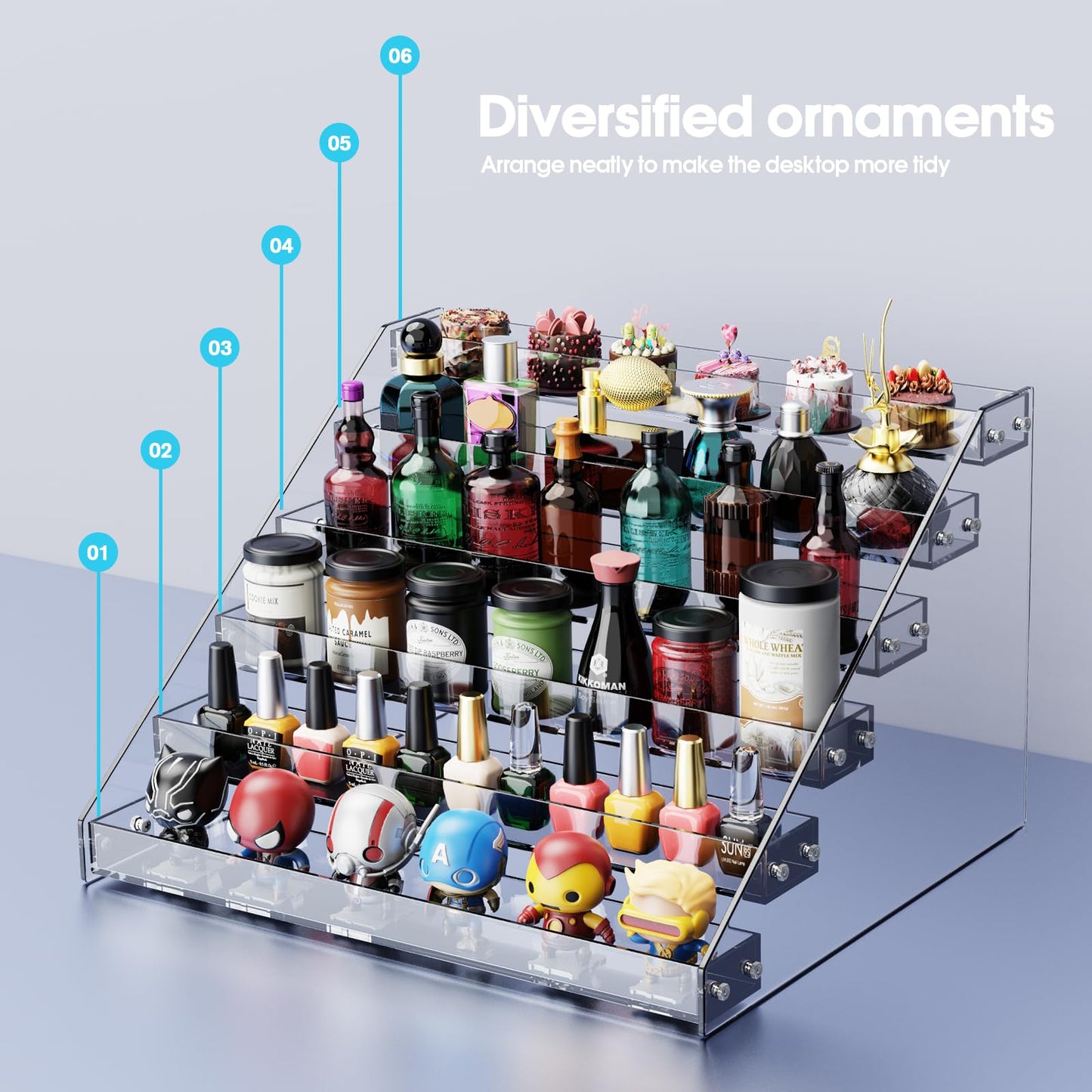 HUITAI Acrylic Display Shelf,Risers Display Stands,Perfume Organizer,Cupcake Stand,Tiered Display Stand,Sticker Display,Card Stands For Display,Card Display Stand,Figure Display，Spice Rack(6 Tier)
