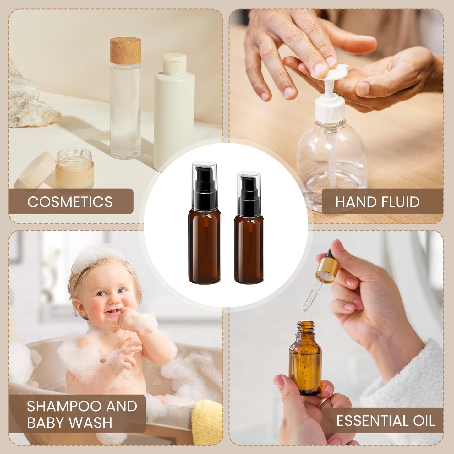 VIDELLY 10 Pieces Travel Bottles Pump Bottles Dispenser 2oz/50ml Plastic Lotion Pump Bottle Clear Travel Toiletry Bottle Empty Spray Bottle with Black Cap for Lotion Cream Essential Oil(Brown)