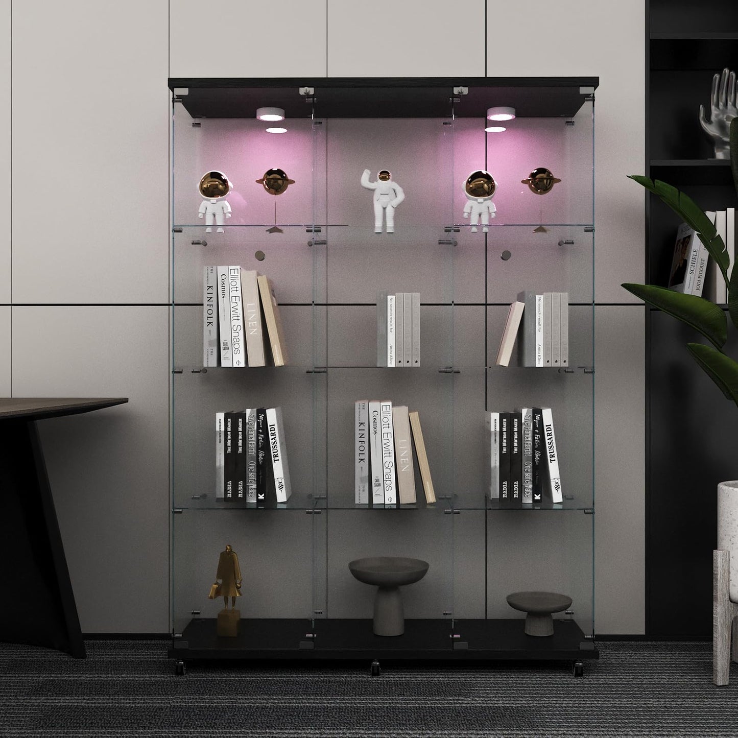 Beauty4U Glass Display Cabinet with LED Lights, Extra Large 3 Columns 2 Doors Curio Cabinets with 12 Shelves for Living Room, Bedroom, Office, Black Floor Standing DIY Glass Bookshelf