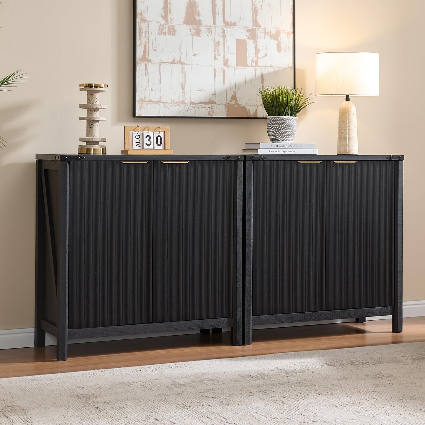 BuildHom 32" Sideboard Buffet Cabinet with Storage, Fluted Accent Storage Cabinet with 2 Doors, Modern Accent Coffee Bar Console Table for Kitchen, Entryway, Black Oak