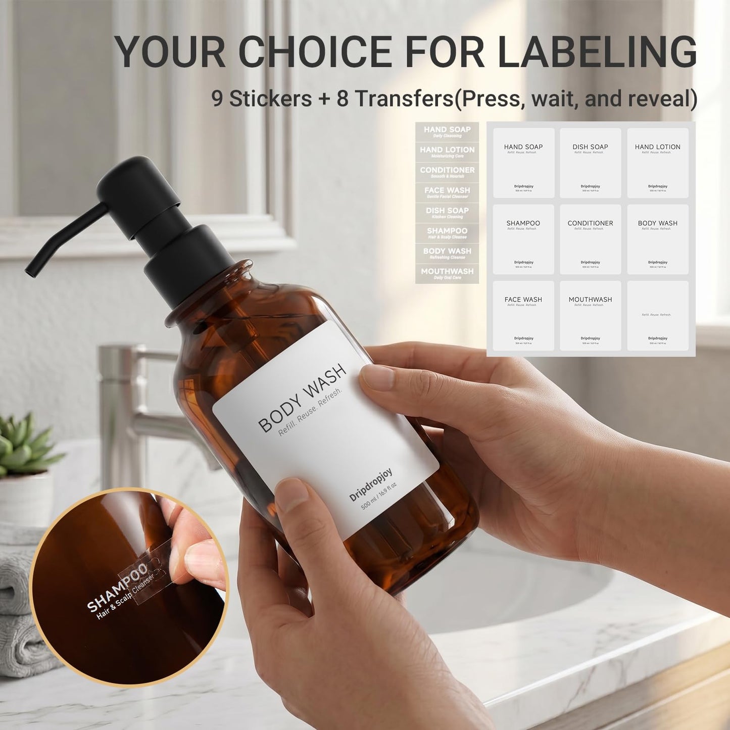 Shampoo and Conditioner Dispenser Set of 3, 17oz Refillable Body Wash Bottles, Shower Soap Dispenser for Bathroom Organization, Rust-Proof Stainless Steel Pumps, 17 Labels, Amber+Black
