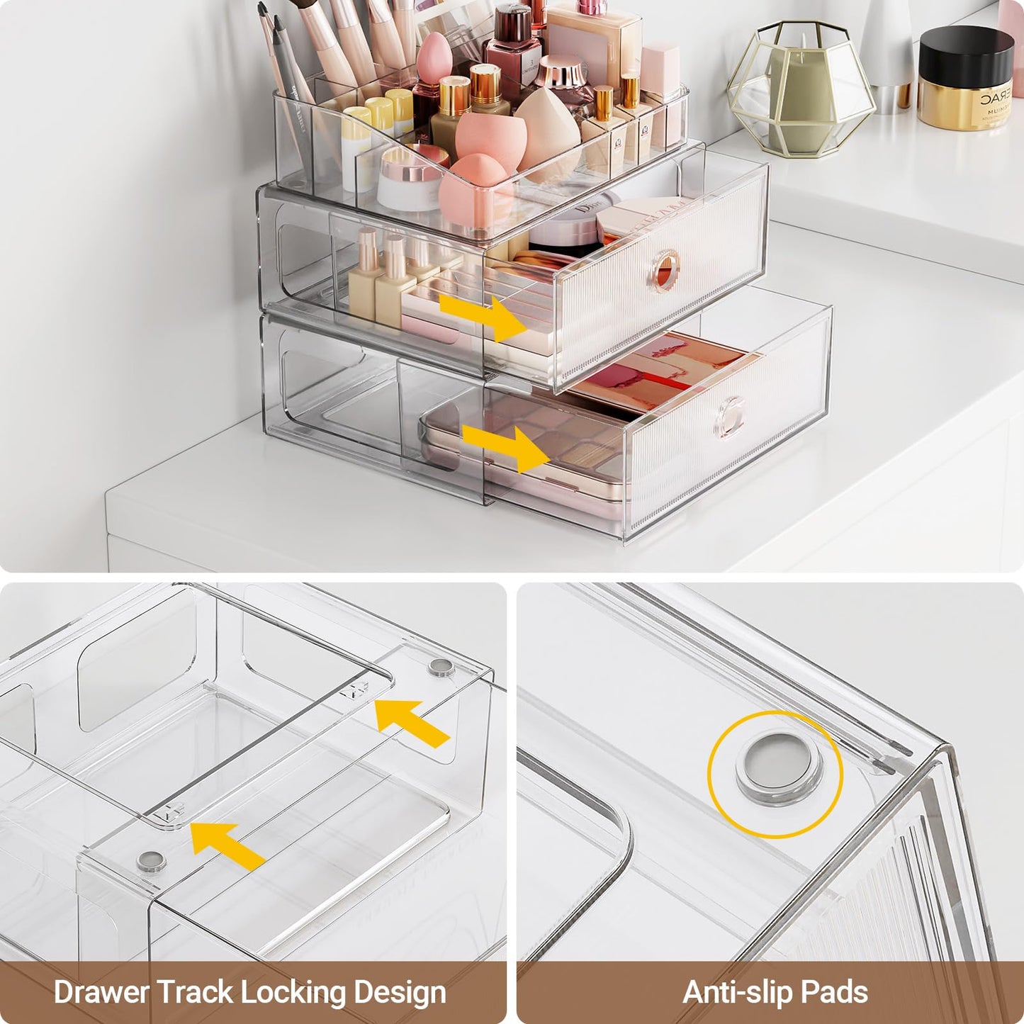 HOMETUK 3 Tier Clear Makeup Organizer with Drawer, PET Cosmetic Storage for Dresser, Countertop & Bathroom Vanity, Holders for Lipstick, Brushes, Skincare & Beauty Supplies
