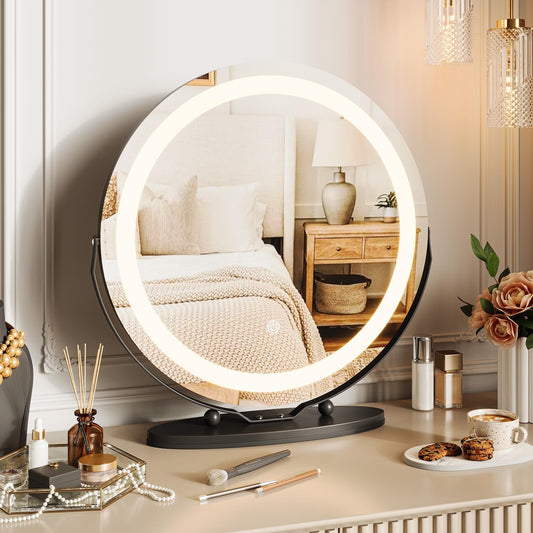 Garvee 19 in Vanity Mirror with Led Lights, Large Round Makeup Mirror with Touch Control and 3 Color Lighting Modes, Round Vanity Mirror for Bedroom, Tabletop, Living Room, Easy to Install, Black