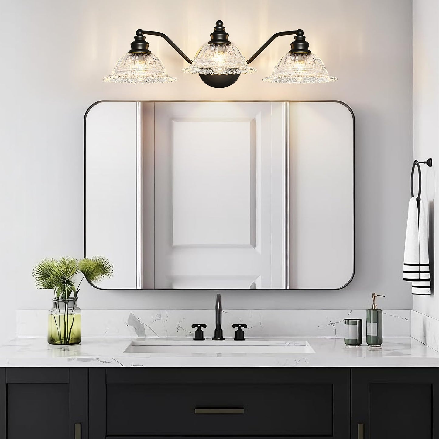 Redluck Vintage Bathroom Vanity Light Fixture, 3-Light Bathroom Lighting Fixtures Over Mirror, Matte Black Finish with Crystal Glass Shade, Wall Sconces Lighting for Bedroom, Living Room, Hallway