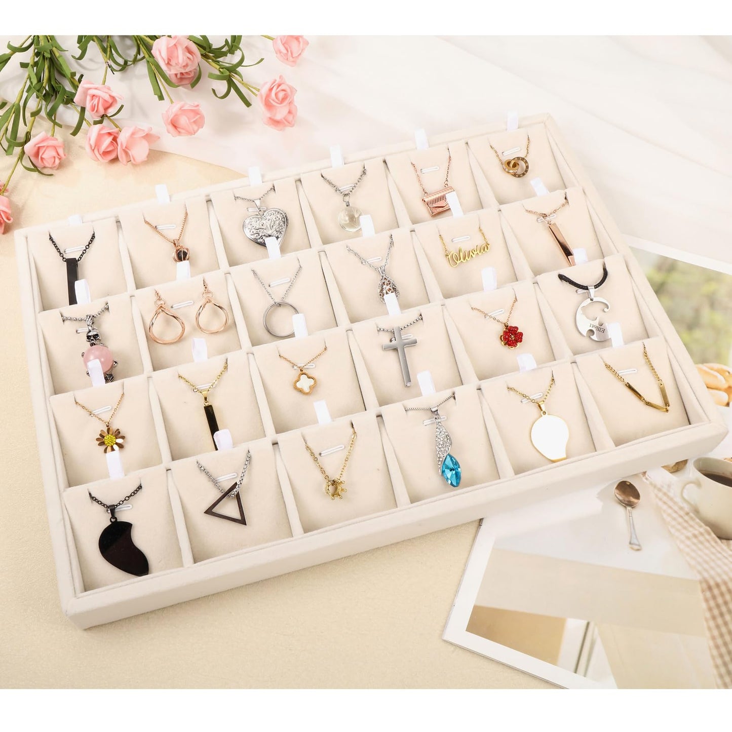 Mornajina 24 Grids Stackable Jewelry Tray Organizer with Removable Dividers, Velvet Jewelry Display Tray for Earrings Necklaces Bracelet Rings Display Showcase - Light Khaki