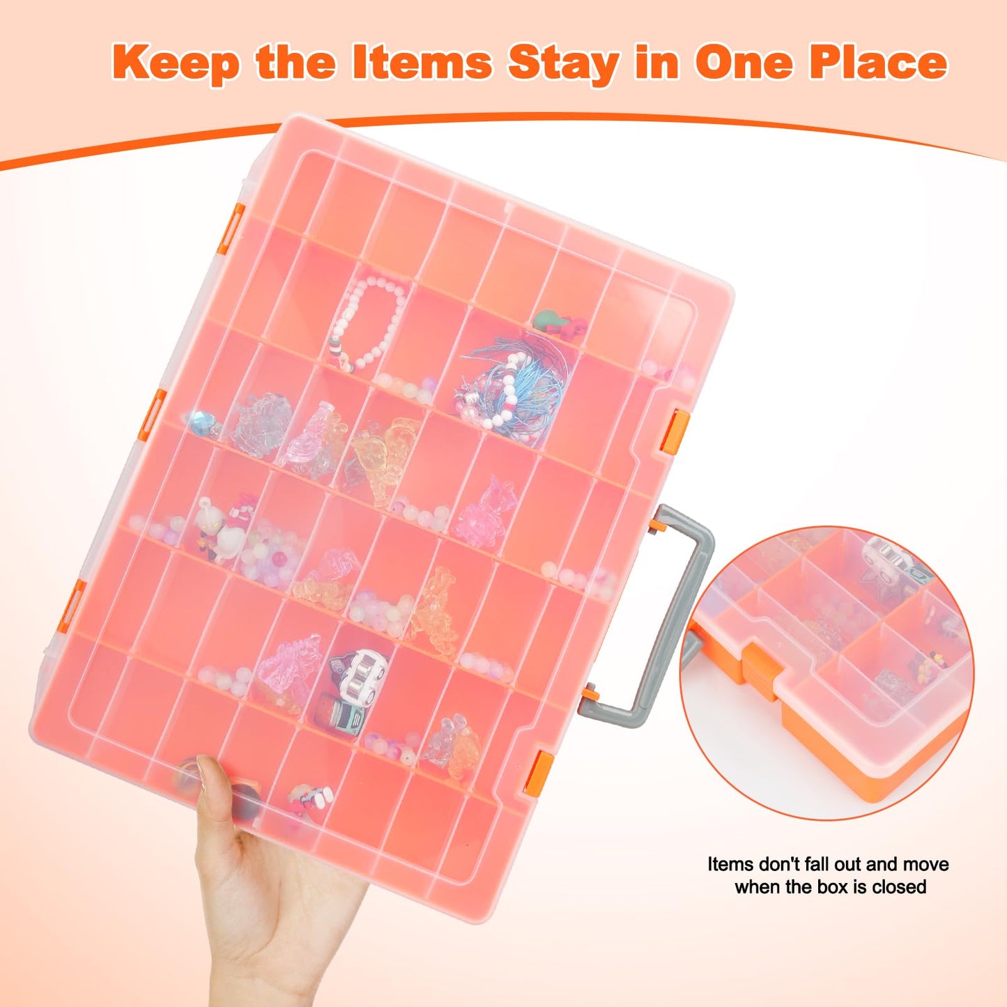 Bluedale 48 Grids Large Plastic Organizer Box with Adjustable Dividers, Beads Storage Containers Compartment Tackle Box Case for Crafts Hobby Small Parts Fishing Seeds Jewelry (Orange)
