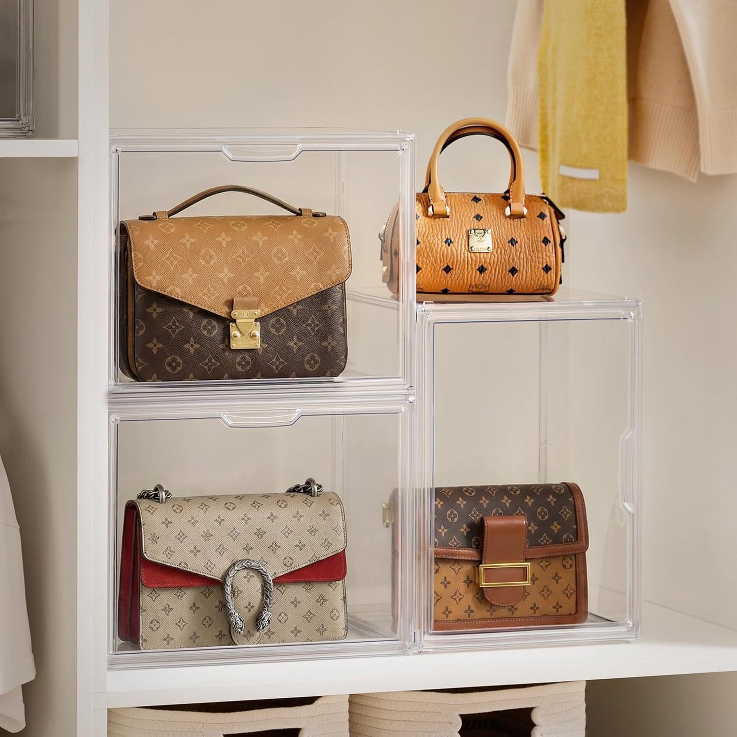 HBlife 5 Pack Purse Storage Organizer for Closet, Large Clear Stackable Handbag Display Case Box with Magnetic Door for Collectibles, Cosmetics, Women Heels and Toys