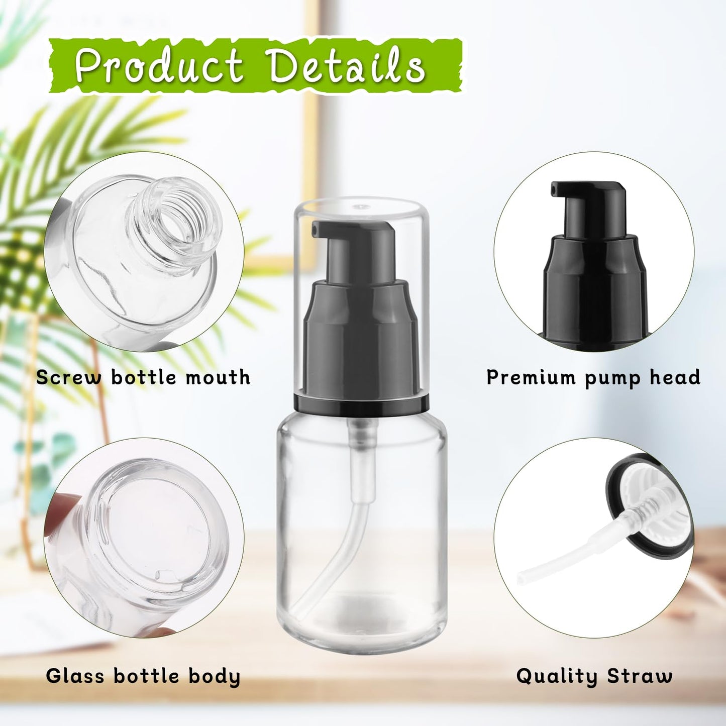 BOSMIOW 6 Pcs 30ml/1oz Clear Glass Lotion Pump Jars,Travel Size Shampoo Bottles,Refillable Cosmetic Containers for Foundation,Creams,Essential Oil and Other Toiletries
