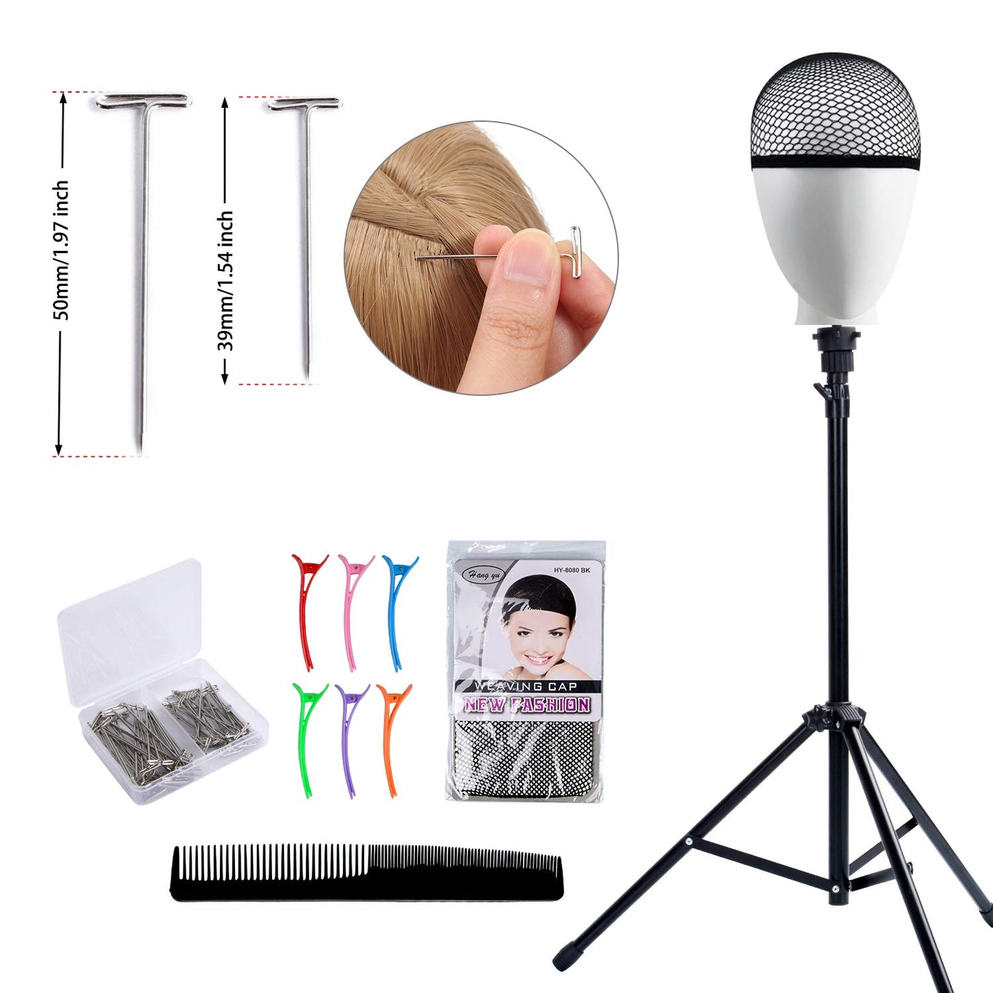 Klvied Reinforced Wig Stand Tripod for Mannequin Heads, Adjustable 34.64-51.48 Inch Wig Head Stand with 0.8 Inch Top Base, Carrying Bag, T-Pins, Wig Caps, Comb and Hair Clips
