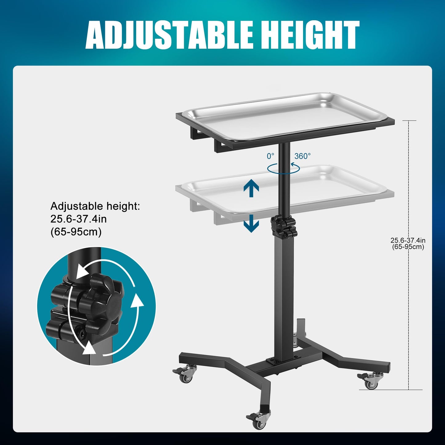 Poarmeey Adjustable Rolling Tattoo Tray Cart Stainless Steel Trolley