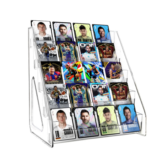 DUNPUTE 5 & 7 Tier Trading Card Display Stand, 12" Clear Acrylic Card Stands for Display, versatile Card Stands for Sports Cards, Graded & Greeting Cards, Postcards, Vendor Stickers, with Snap-On Assembly (Tall 5 Tier)