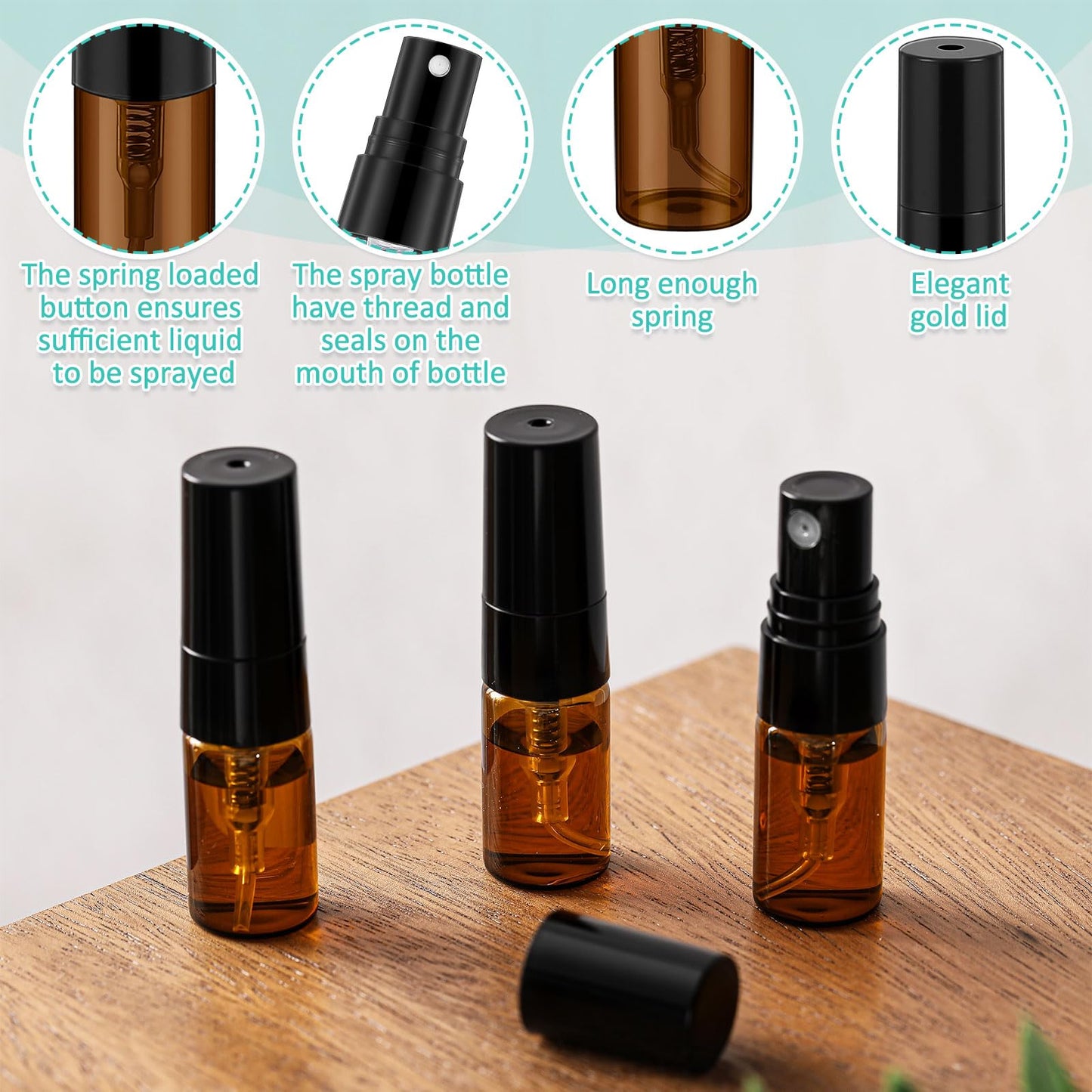 Zhehao 50 Pcs Mini Spray Bottles 2 ml Clear Glass Perfume Bottles Refillable Fine Mist Perfume Atomizer Portable Empty Sample Containers for Cleaning, Essential Oils, Travel (Amber)