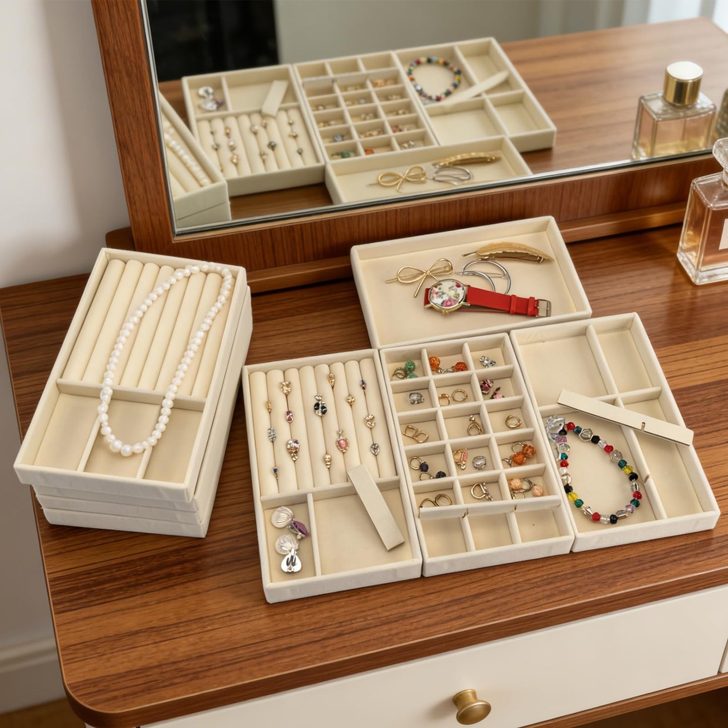 Afnkiom Jewelry Trays,Velvet Stackable Organizer Trays,Drawer Inserts Jewelry Display Case For Rings Stud Necklaces Earring Organizer Tray for Women Girls-8 Pack (Beige)