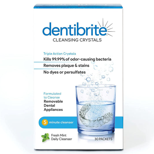 Dentibrite Crystals Cleaner for Removable Dental Appliances - Invisalign Aligners, Retainers, Guards, Dentures, Trays/Aligners - Odor Remover - No Persulfates or Dyes - 30ct - Made in USA