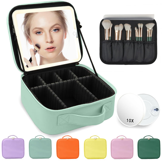 MORMID Makeup Bag with Mirror,with Mirror 3 Color Setting and Detachable 10x Magnifying Mirror Large Vanity Makeup Cases,Portable Storage Adjustable Dividers, for Women and Makeup Artists-Light Green