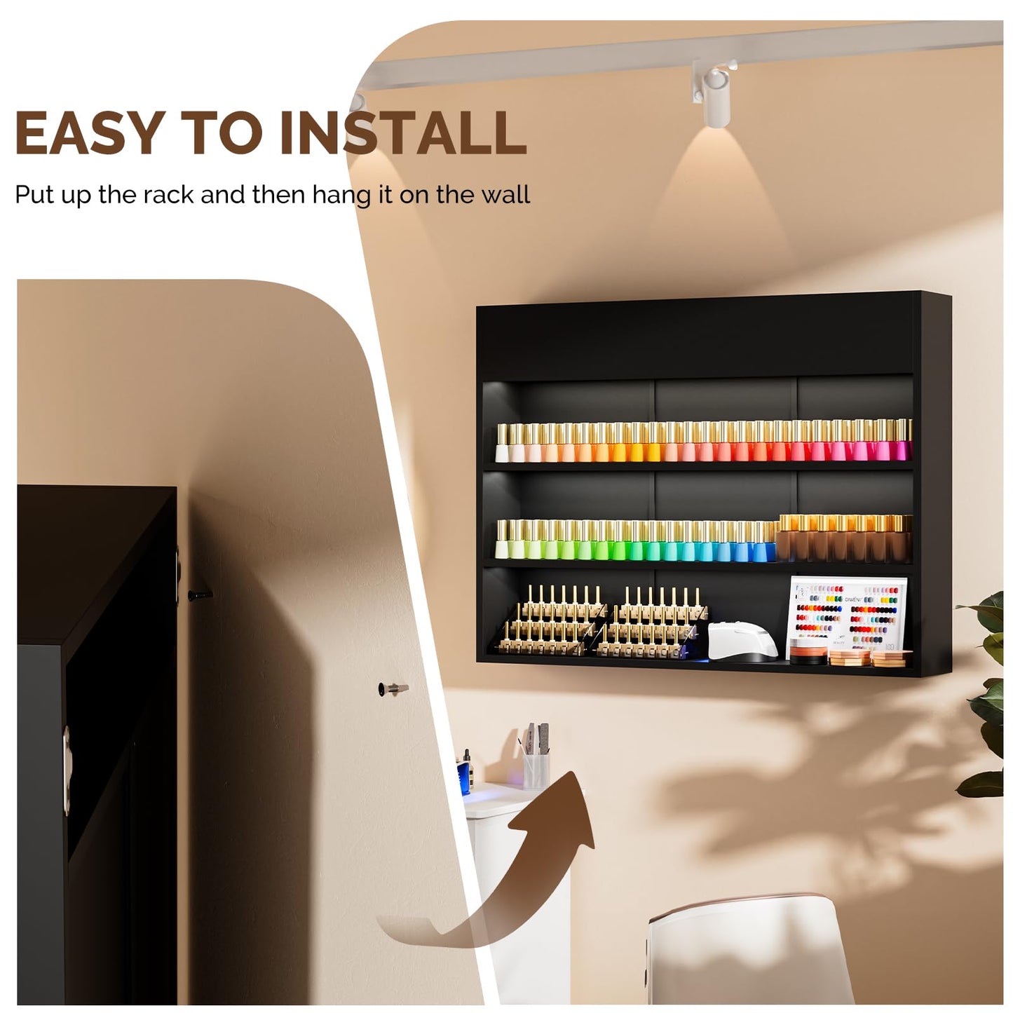 OmySalon Wall Mounted Display Rack, 47.6-Inch 3-Tier LED Nail Polish Organizer Shelf with USB Touch Control, for Nail Salon, Spa, Beauty Studio Storage, Wooden Retail Display (Black)