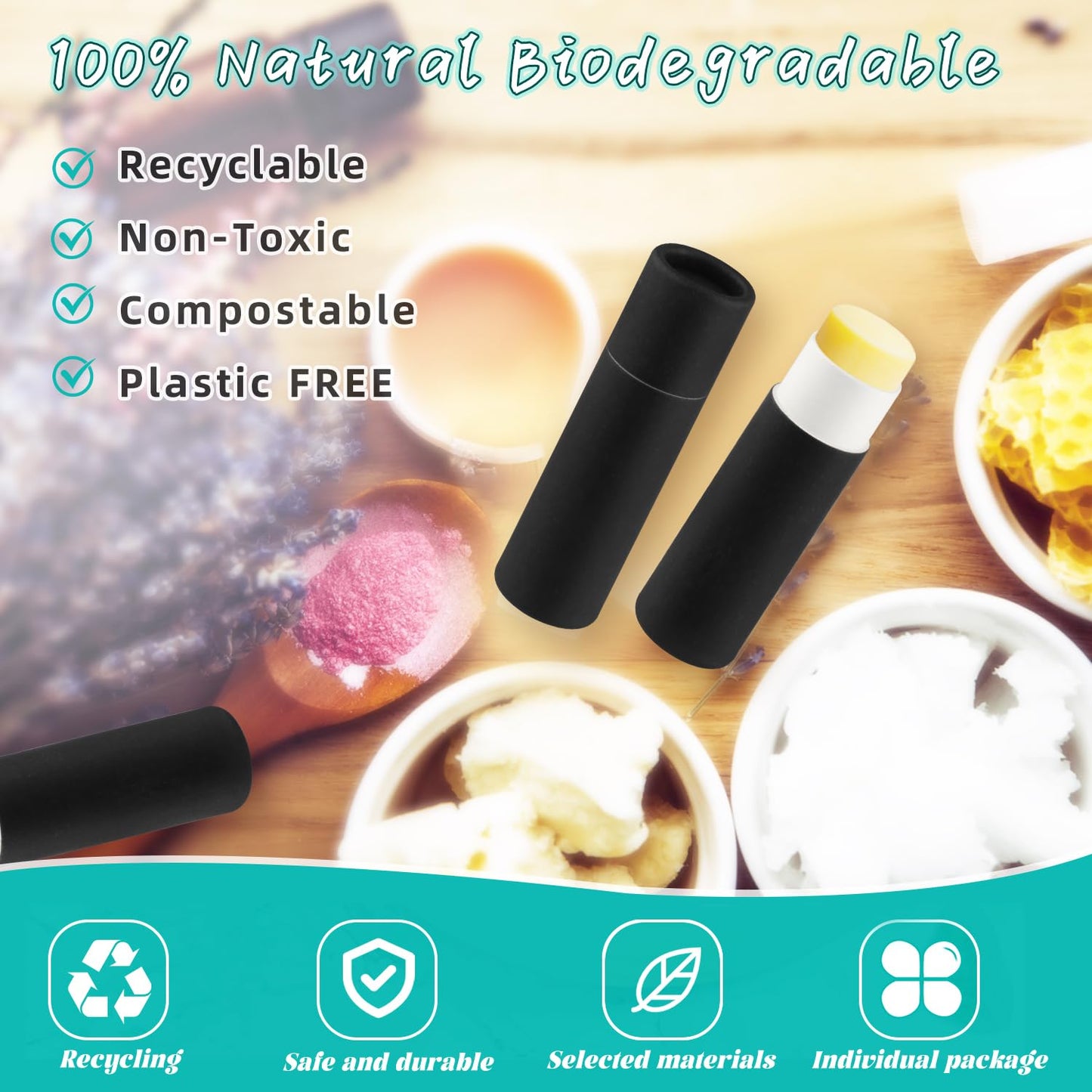 DMuuuDM 50 Pcs 0.3 oz Paperboard Lip Balm Tube,Empty Kraft Paper Chapstick Tube Holder,Push-Up Style Biodegradable Solid Perfume Lip Gloss Container for DIY Homemade Balm,Non-Plastic Container- Black