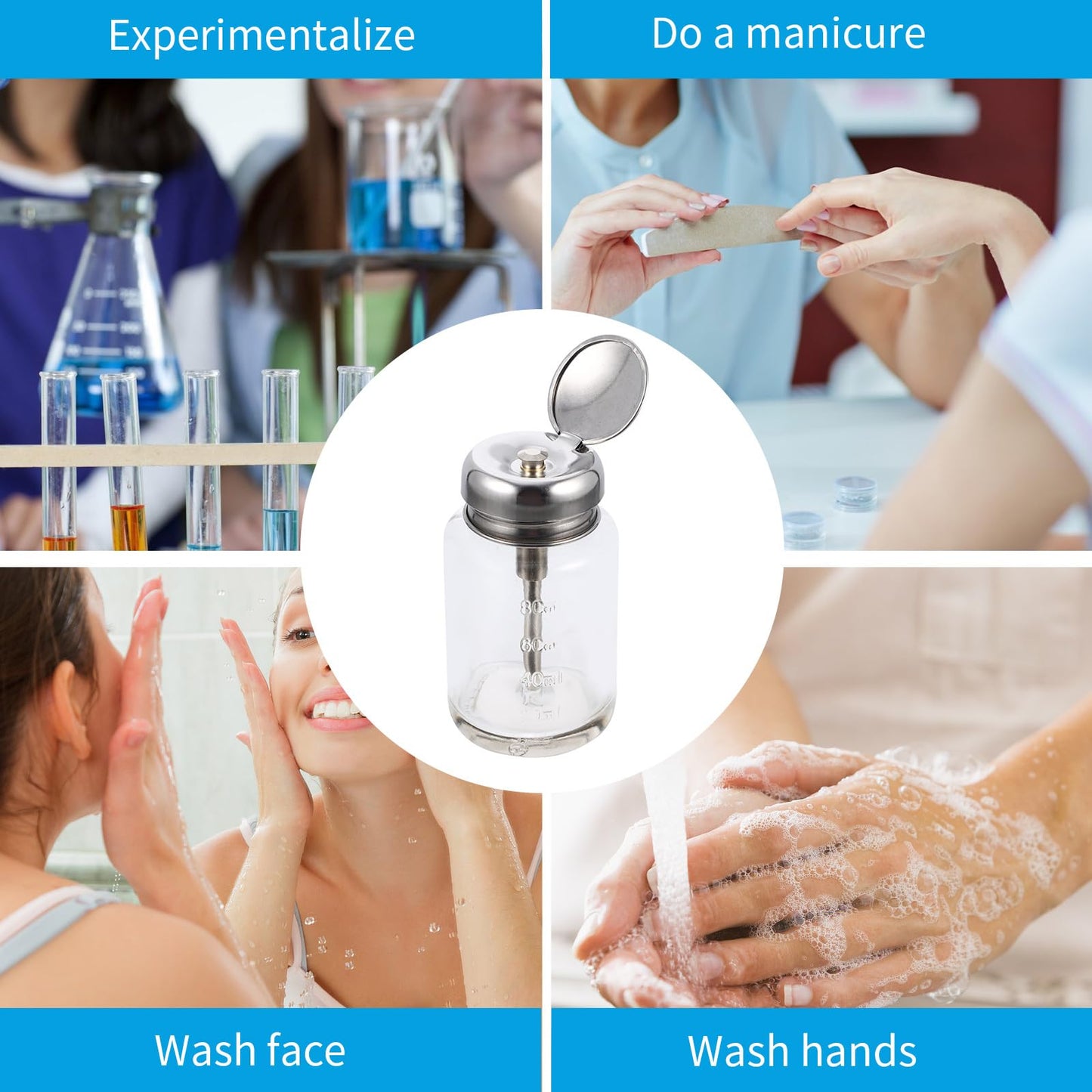 Luxshiny Nail Polish Remover Pump Bottle Glass Refillable Pressure Dispenser 3.62In Leak-Proof Portable for Home Cosmetic Liquid Storage