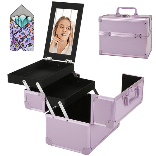 GALHUBIS Makeup Train Case, Portable Makeup Case with Mirror, 2-Trays Cosmetic Organizer Case,Nail Polish Organizer, Travel Makeup Box, Profesional for Salon Barber, Purple