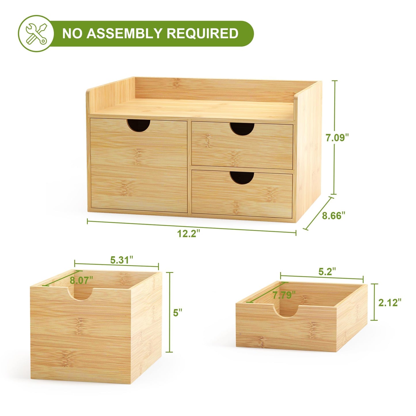 Wisuce Desk Organizer with Drawers - Bamboo Desktop Organizer Storage Natural Wood Desk Drawers Organizer for Bills, Office Supplies, Cosmetics, Seals No Assembly Required 3 Drawers（left-right)