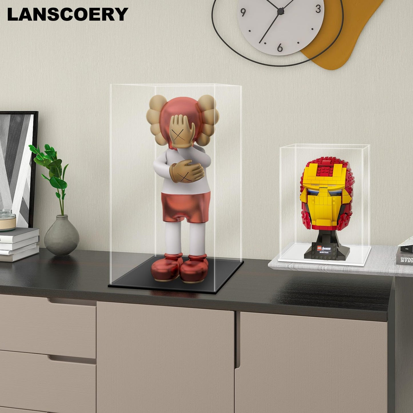 LANSCOERY Acrylic Display Case, 4.7x4.7x7 in, Upgraded Thickened UV-Resistant Showcase, 98% Clarity Dustproof Box with Glossy White Base for Action Figures, LEGO & Models, Scraper & LED Light