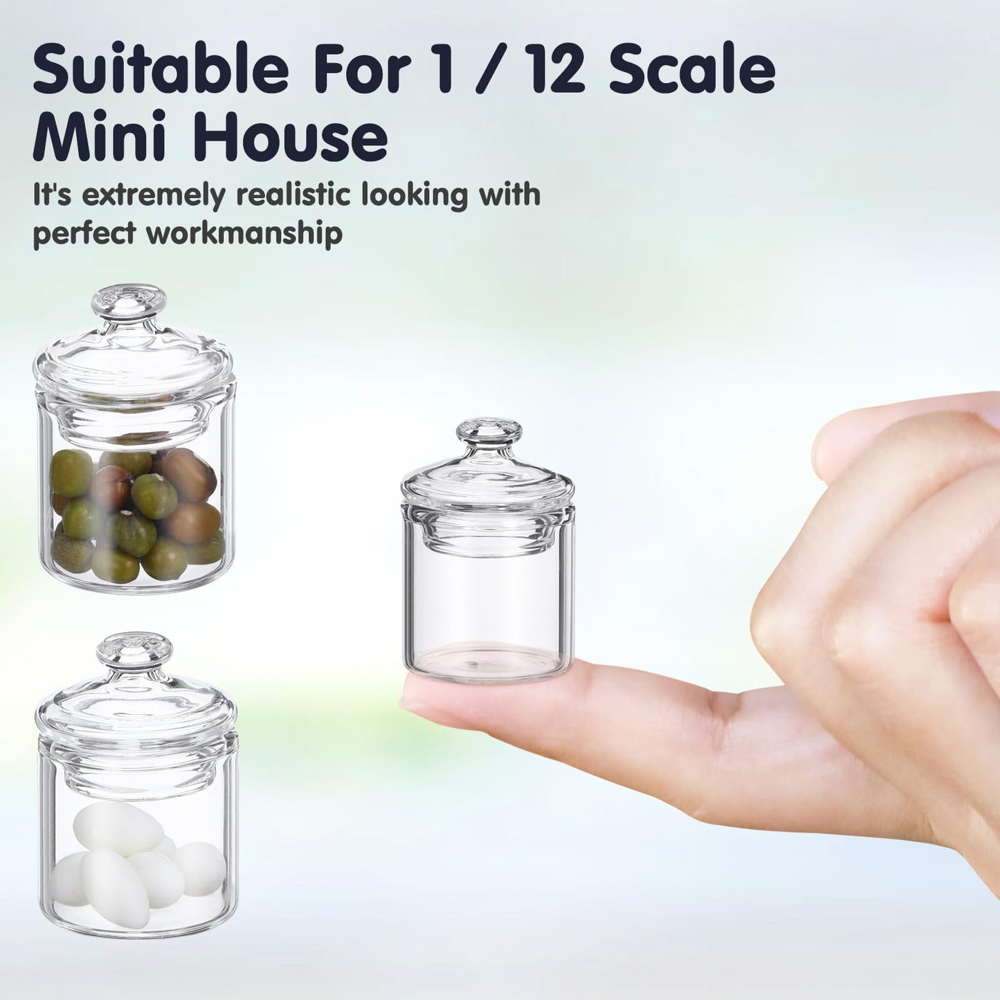 1:12 Scale Miniature Glass Jars with Lids - 8pcs Transparent Dollhouse Bottles Storage Jars Mini Glass Canister for Dollhouse Miniature Food, Terrarium Decor & Photo Props
